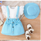 Sky Blue Suspender Skirt Set with Ruffle Top & Hat (1-5 Years)