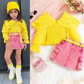 Bold Ruffle Sleeve Top & Hot Pink Denim Skirt Set (4-7 Years)
