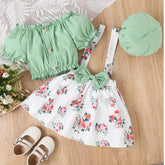 Floral Suspender Skirt Set with Puff Top & Matching Hat (4-7 Years)