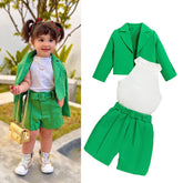 Mini Boss 3-Piece Green Blazer Shorts Set with Ribbed Halter Top (3-7 Years)