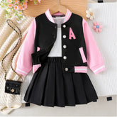 Pink & Black Varsity Jacket Skirt Set with "A" Patch Detail (1-7 Years)