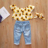 Sunflower Off-Shoulder Top & Light Denim Pants Set (1-5 Years)