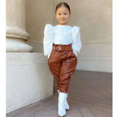 Puff Sleeve Knit Top & Faux Leather Belted Pants Set (1-6 Years)