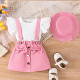 Pink Suspender Skirt Set with Eyelet Top & Matching Hat (1-5 Years)