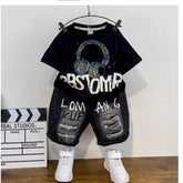 Black Headphone Graphic Tee & Graffiti Denim Shorts Set (1-8 Years)