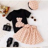 Chic Bear Print Dress & Beret Set – Designer-Inspired Look (4-7 Years)
