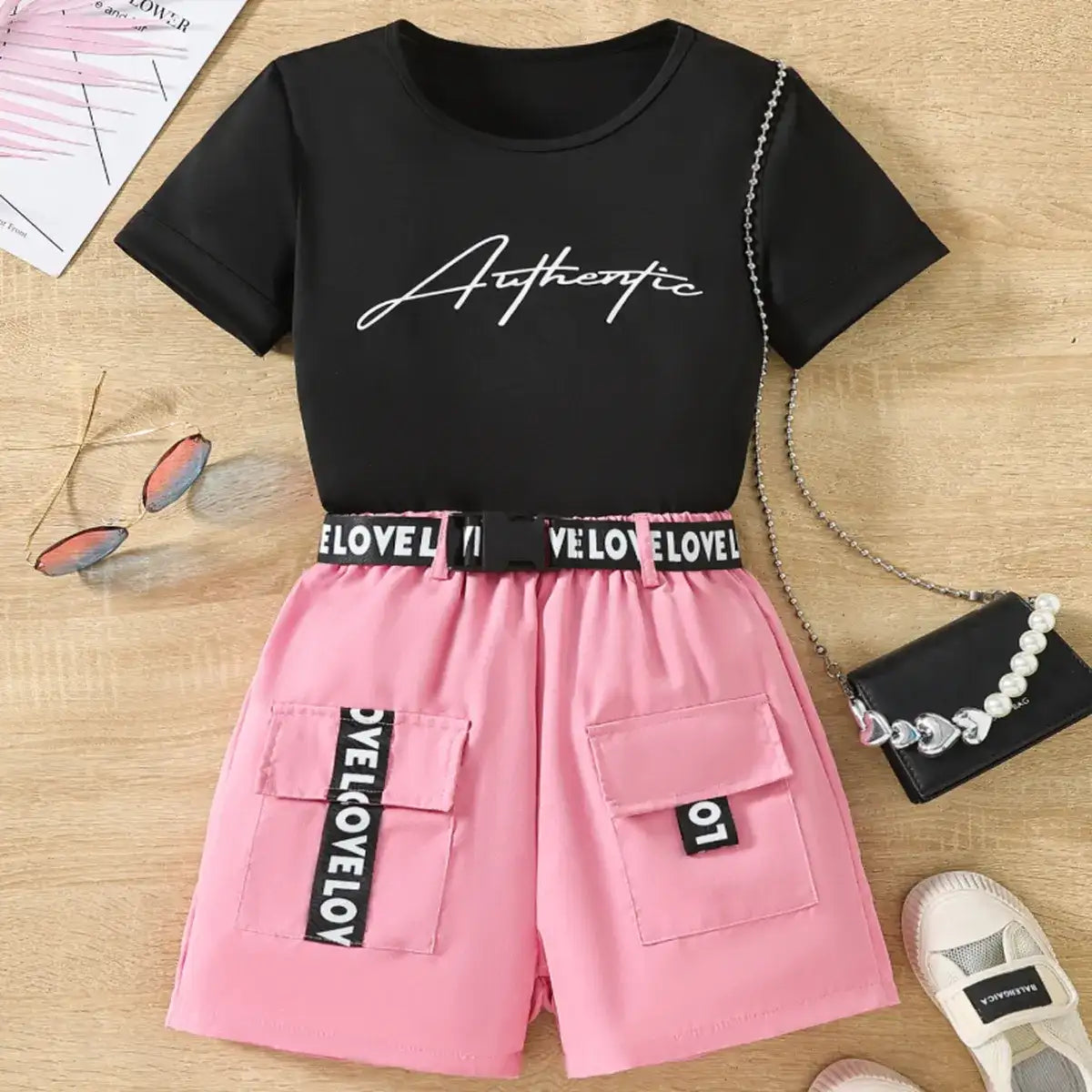 Black “Authentic” T-Shirt & Pink Pocket Shorts Set for Girls
