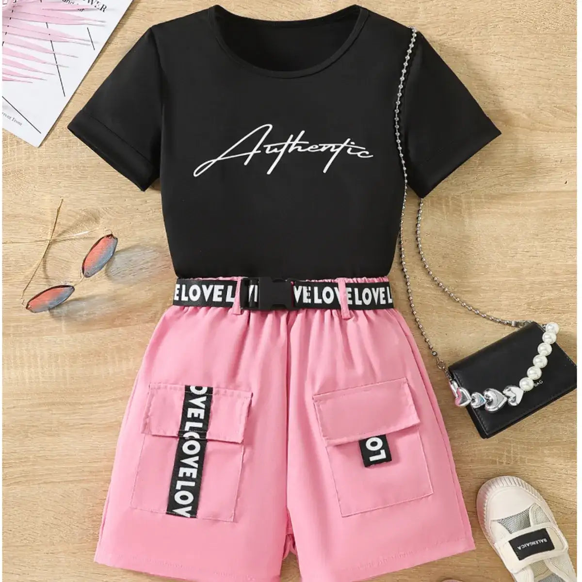 Black “Authentic” T-Shirt & Pink Pocket Shorts Set for Girls