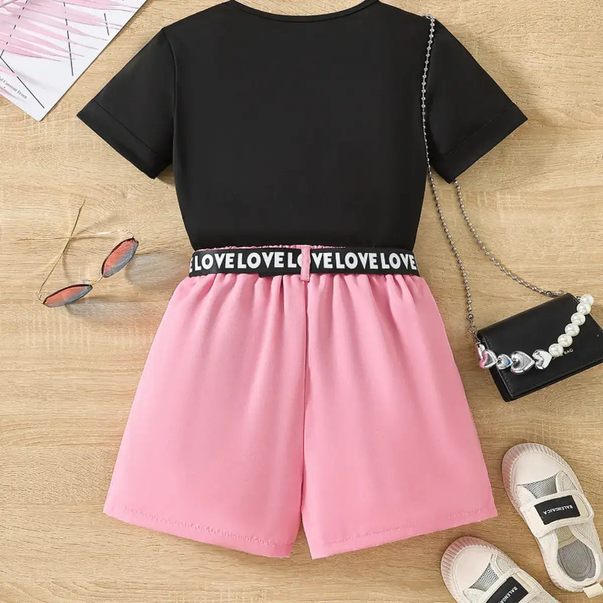 Black “Authentic” T-Shirt & Pink Pocket Shorts Set for Girls