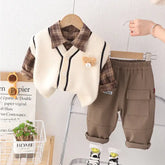 Toddler 3-Piece Plaid Shirt & Bear Vest Outfit – White or Brown (1-5 Years)