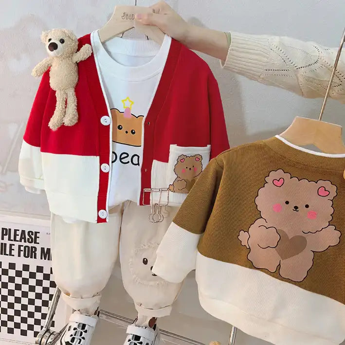 Toddler 3-Piece Animal Pocket Cardigan Set – Red, Brown, Pink (1-6 Years)