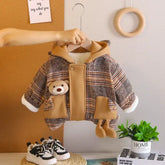 Toddler Thick Winter Plaid Jacket with Bear Pocket – Brown or Grey (1-5 Years)