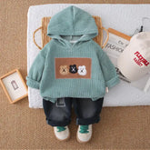 Bear Patch Hoodie & Jeans Children’s Outfit – Blue or Cream (1-5 Years)