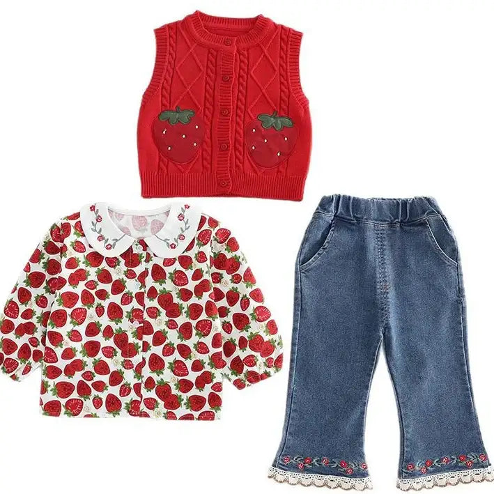 Toddler 3-Piece Strawberry Outfit with Vest, Shirt & Jeans – Red, White, Pink (1-5 Years)