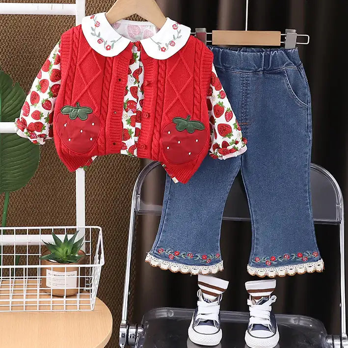 Toddler 3-Piece Strawberry Outfit with Vest, Shirt & Jeans – Red, White, Pink (1-5 Years)