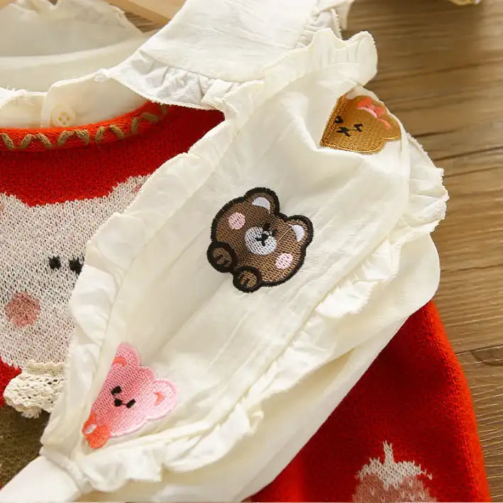 2-Piece Kids Bear Outfit with Denim Skirt – Pink or Red (1-5 Years)