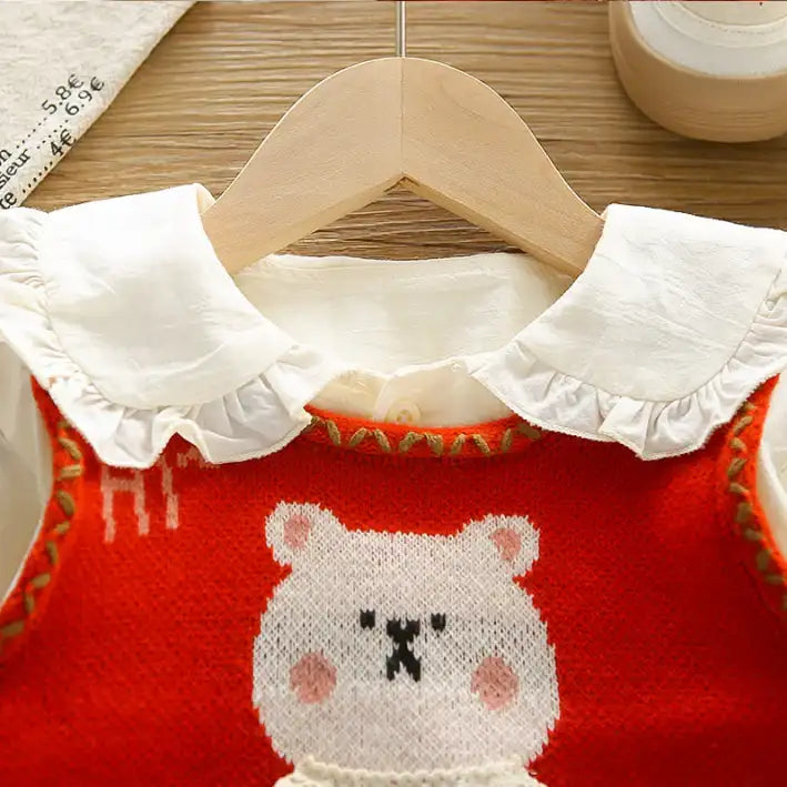 2-Piece Kids Bear Outfit with Denim Skirt – Pink or Red (1-5 Years)