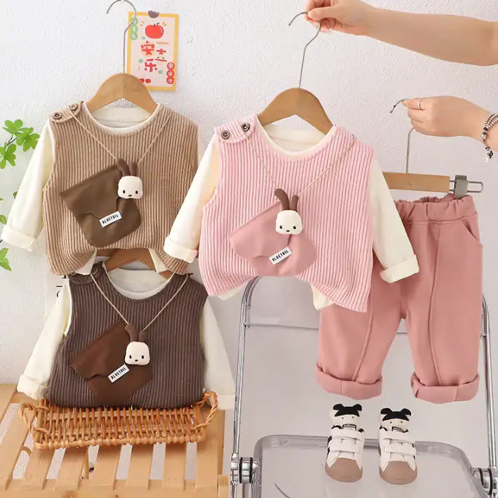 3-Piece Kids Vest Outfit with Plush Detail β Pink, Beige or Brown (1-5 Years)