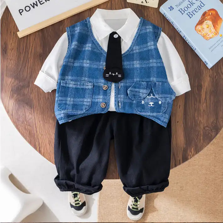 3-Piece Plaid Vest Outfit with Tie β Blue or Grey (1-5 Years)