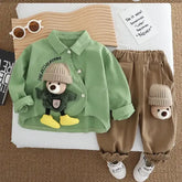 Boys Bear Design Outfit Set with Green Shirt & Brown Pants | 1–6 Years