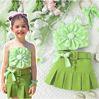 Green Floral 2-Piece Set for Girls – Bow Top & Pleated Skirt (Ages 1–5)