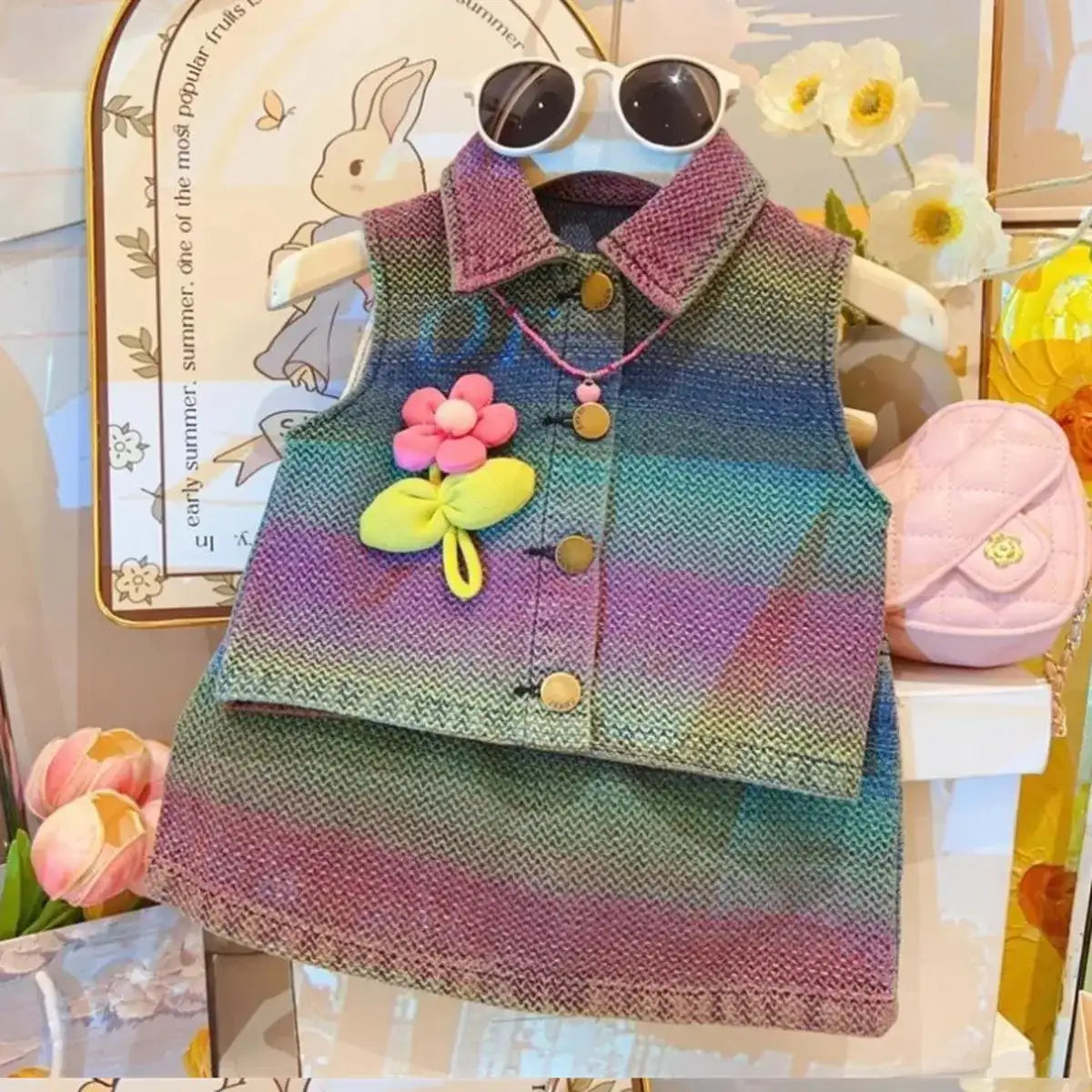 Colorburst Denim Dress with Flower Pin & Belt – Ages 2-8