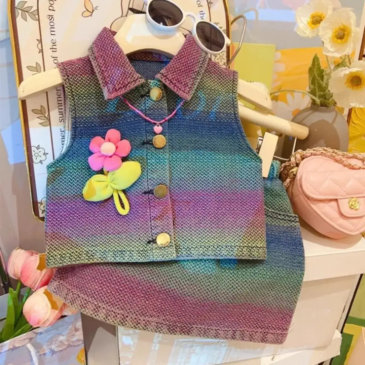 Colorburst Denim Dress with Flower Pin & Belt – Ages 2-8