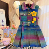 Colorburst Denim Dress with Flower Pin & Belt – Ages 2-8