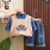 Toddler 3-Piece Bear Vest, Shirt & Jeans Set – Beige or White (1-6 Years)