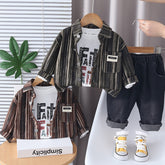 Striped Shirt, Graphic T-Shirt & Jeans Children’s Outfit – Brown or Black (1-5 Years)
