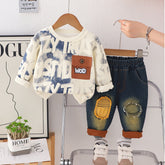 2-Piece Kids Denim Outfit with Printed Sweatshirt – Blue or Brown (1-5 Years)