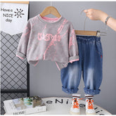 Unisex Kids Casual Outfit with Neon Print Sweatshirt & Jeans – Pink or Green (1-5 Years)