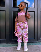 Barbie Crop Top & Pink Camo Pants Set – Girls 2–7Y