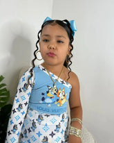 Blue One-Shoulder Cartoon Print Skirt Set – Girls 2–7 Y