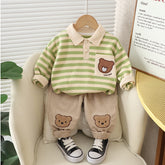 Toddler Bear Patch Striped Polo & Corduroy Pants Set (1-5 Years)