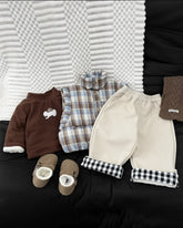 Brown Puppy Top + Plaid Vest + Beige Pants 3-Piece Outfit