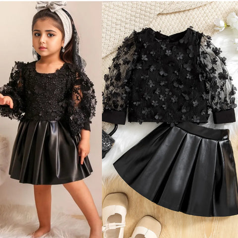 3D Floral Mesh Top & Faux Leather Skirt Set – All Black Elegance (1-7 Years)