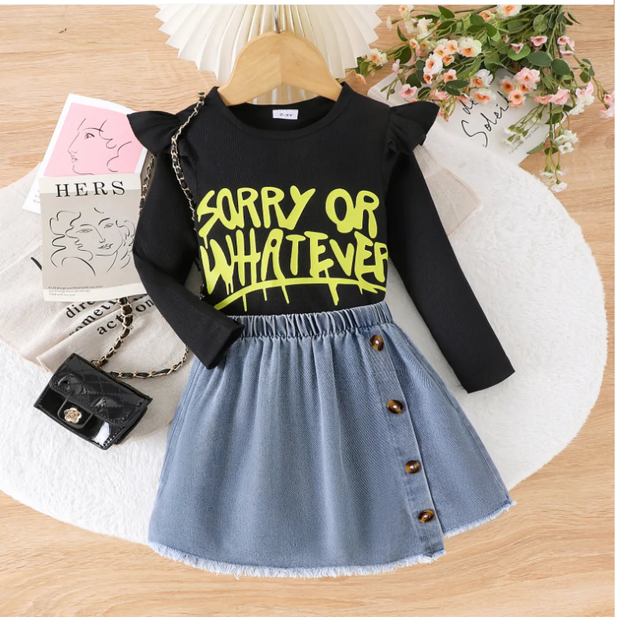 “Sorry or Whatever” Slogan Top & Buttoned Denim Skirt Set (2-7 Years)