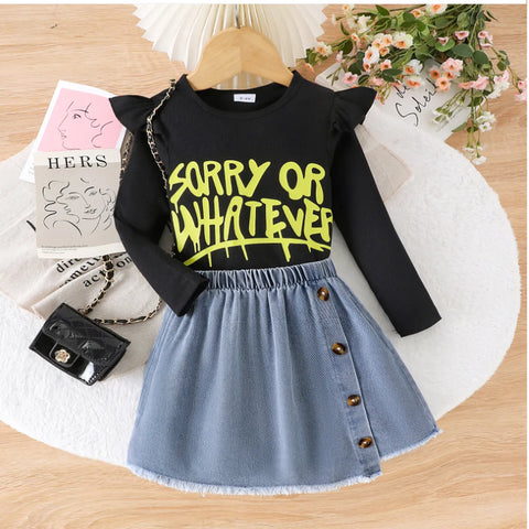 “Sorry or Whatever” Slogan Top & Buttoned Denim Skirt Set (2-7 Years)