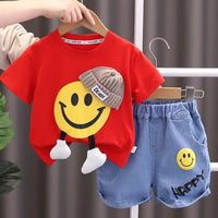 Red Smiley Boys' Denim Summer Set with Beanie Detail – 1 to 5 Years