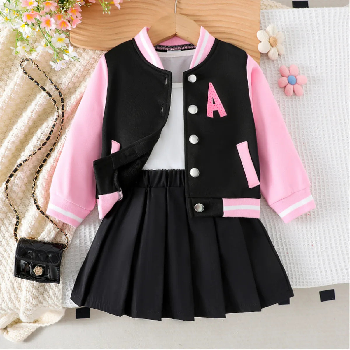 Pink & Black Varsity Jacket Skirt Set with "A" Patch Detail (1-7 Years)