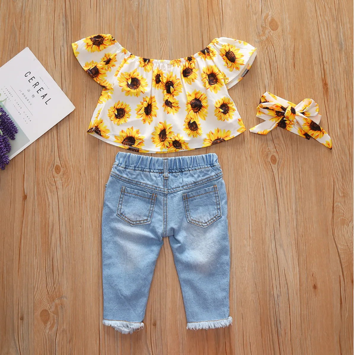 Sunflower Off-Shoulder Top & Light Denim Pants Set (1-5 Years)