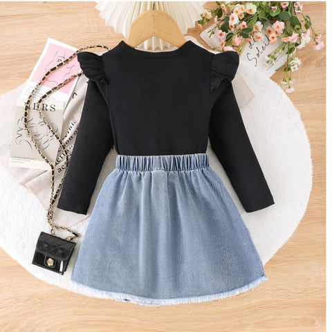 “Sorry or Whatever” Slogan Top & Buttoned Denim Skirt Set (2-7 Years)