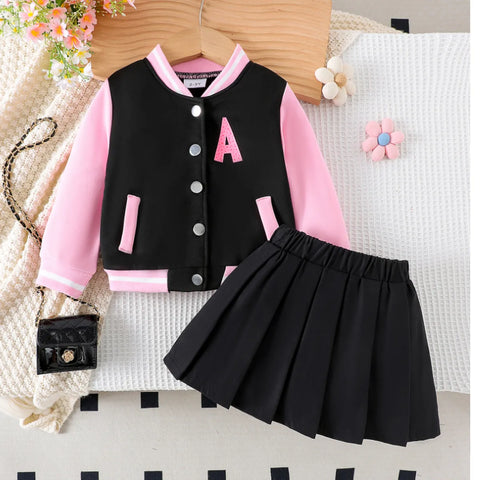 Pink & Black Varsity Jacket Skirt Set with "A" Patch Detail (1-7 Years)