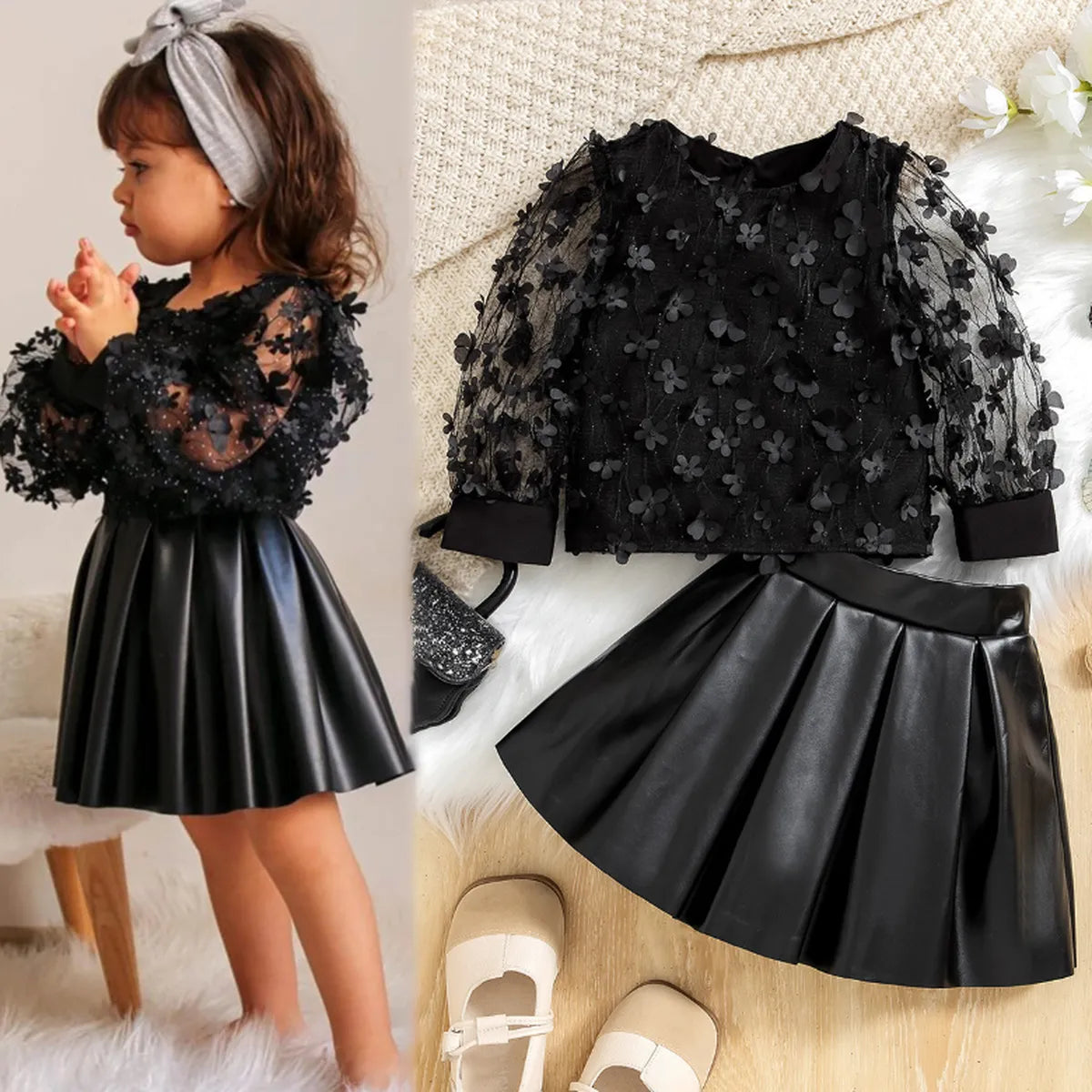 3D Floral Mesh Top & Faux Leather Skirt Set – All Black Elegance (1-7 Years)