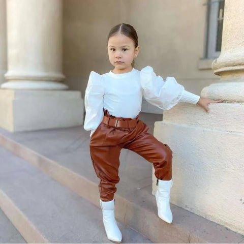 Puff Sleeve Knit Top & Faux Leather Belted Pants Set (1-6 Years)