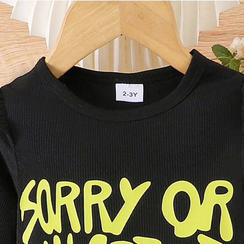 “Sorry or Whatever” Slogan Top & Buttoned Denim Skirt Set (2-7 Years)