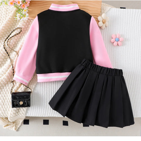 Pink & Black Varsity Jacket Skirt Set with "A" Patch Detail (1-7 Years)