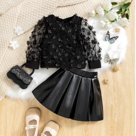 3D Floral Mesh Top & Faux Leather Skirt Set – All Black Elegance (1-7 Years)
