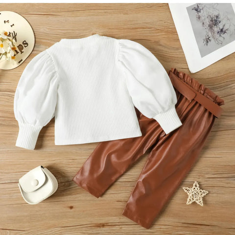Puff Sleeve Knit Top & Faux Leather Belted Pants Set (1-6 Years)